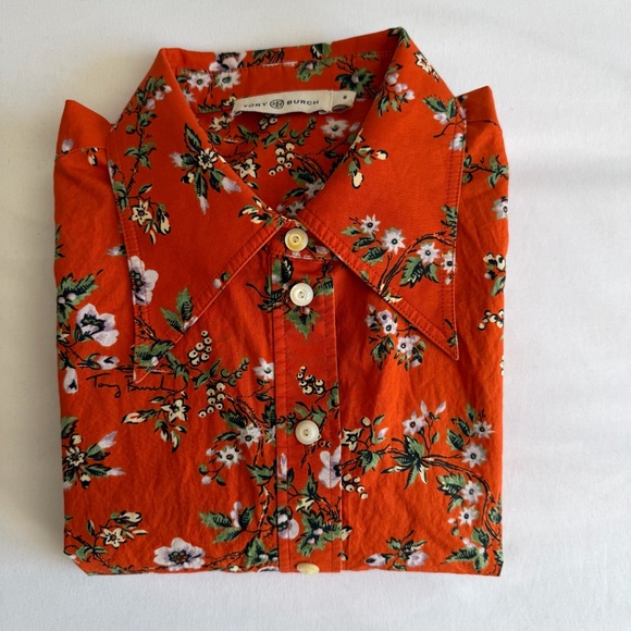 Tory Burch Tops - Tory Burch 100% Cotton Orange Floral Classic Oxford Button Down Shirt